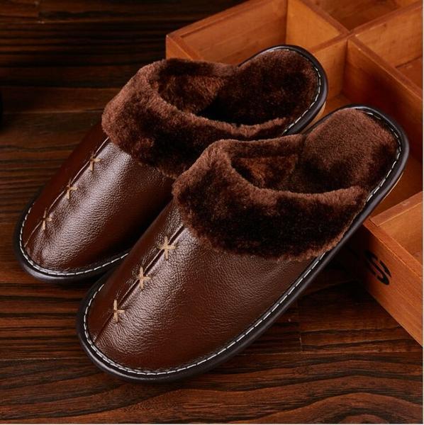 Unisex Warm Genuine Leather Slippers