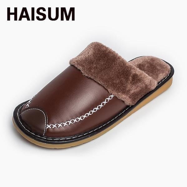 mens splicing leather soft plush lining warm house slipper