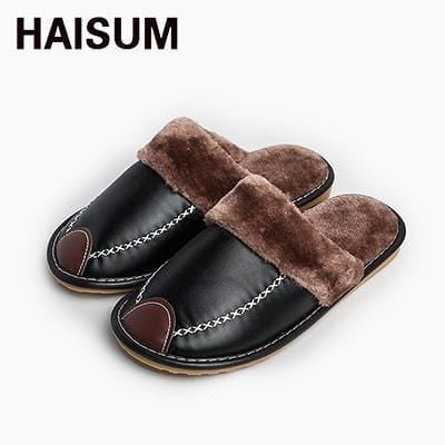 mens splicing leather soft plush lining warm house slipper