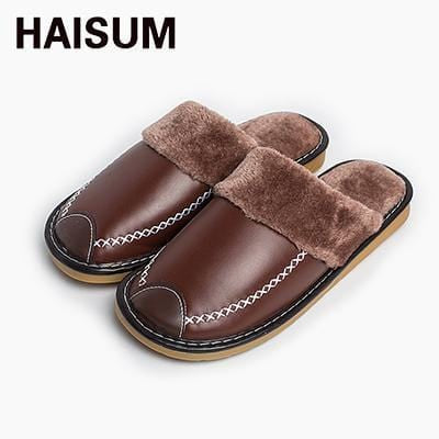 mens splicing leather soft plush lining warm house slipper