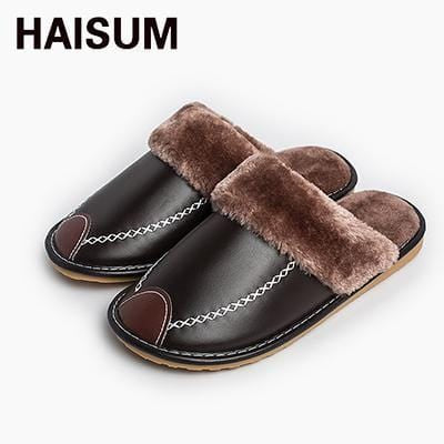 mens splicing leather soft plush lining warm house slipper